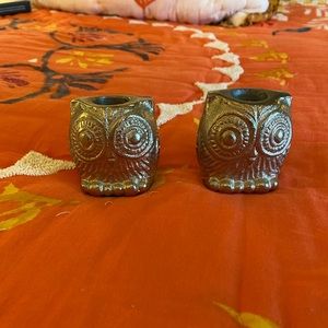 Silver owl candle holders set